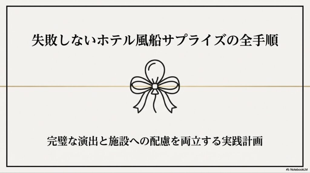 失敗しないホテル風船サプライズの全手順と、完璧な演出と施設への配慮を両立する実践計画のタイトルスライド