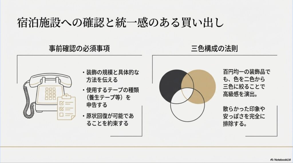 宿泊施設への確認必須事項と、100均アイテムでも高級感を演出できる三色構成の法則の解説