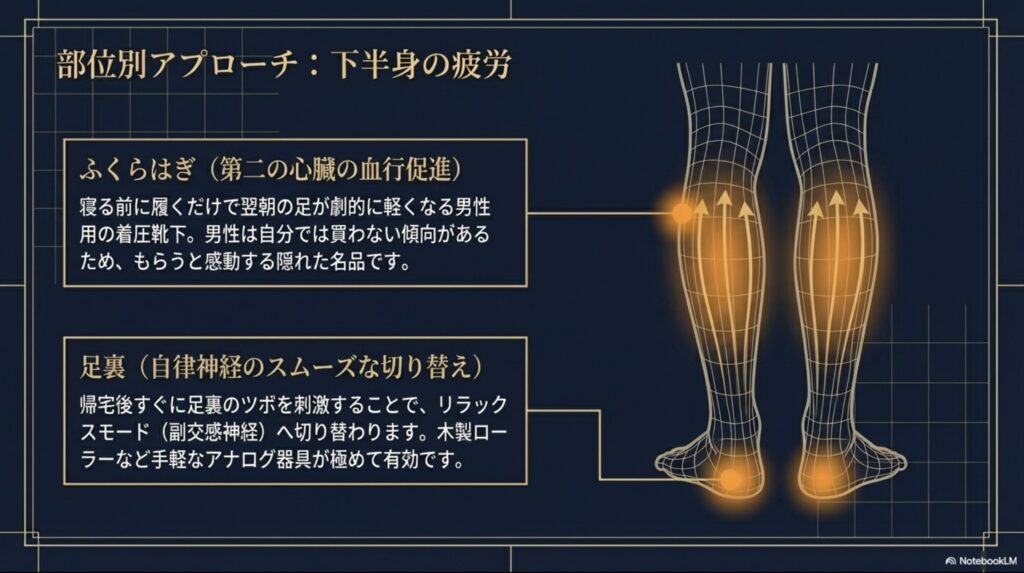 第二の心臓と呼ばれるふくらはぎや足裏の血行を促進するケアアイテムのメリットを紹介するスライド。