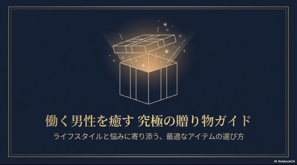 働く男性への癒しギフト選びをテーマにした、スライド資料の表紙画像。