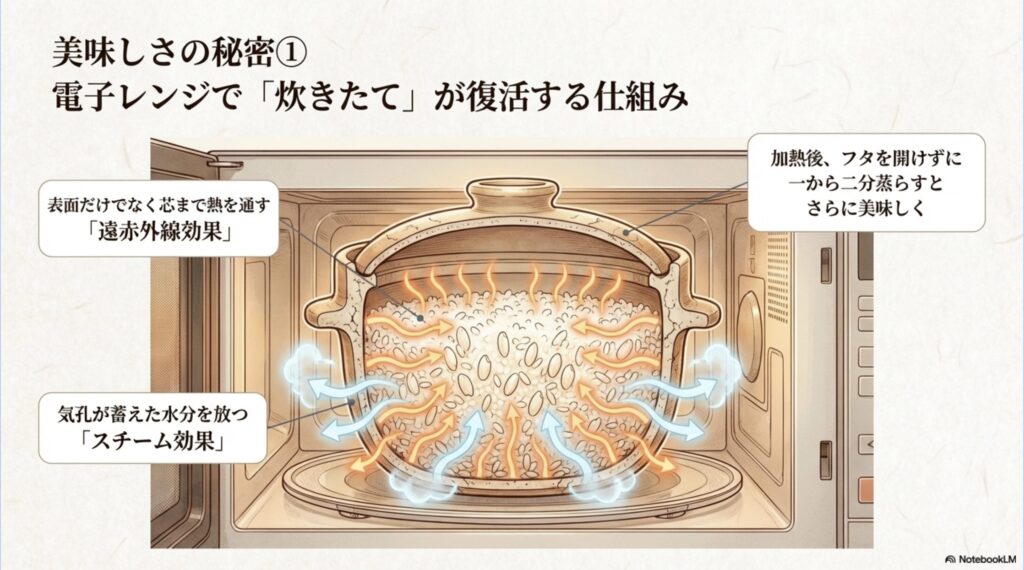 陶器の遠赤外線効果で芯まで熱を通し、気孔に蓄えた水分によるスチーム効果でご飯をふっくらさせる仕組み。加熱後の蒸らしのコツも記載。