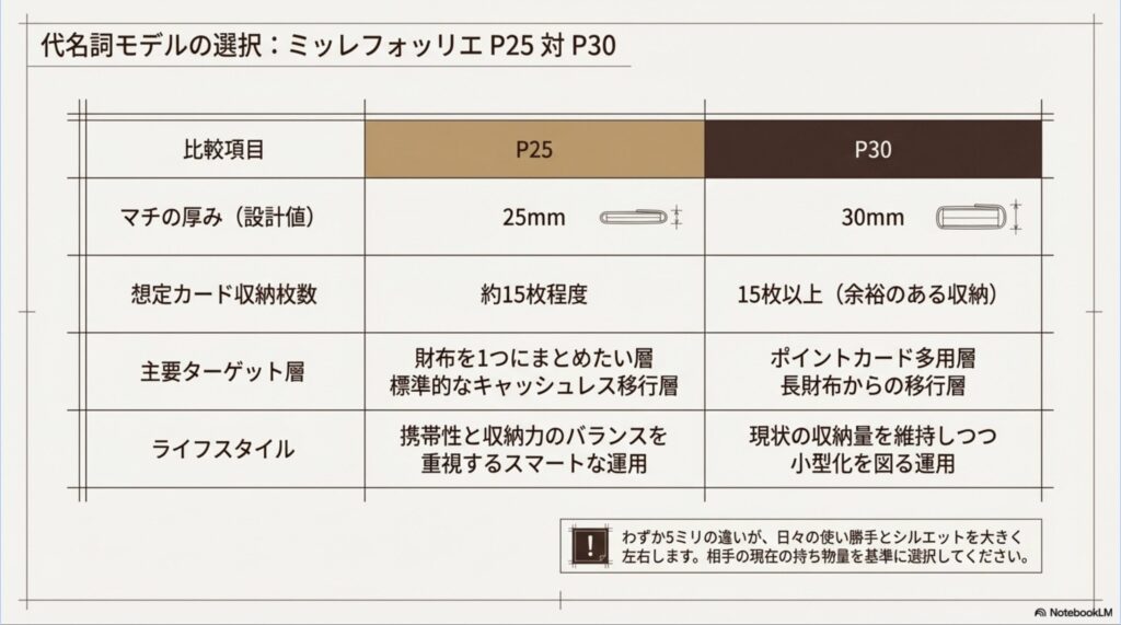 エムピウ・ミッレフォッリエのP25とP30におけるマチの厚み、想定カード収納枚数、ターゲット層の比較表