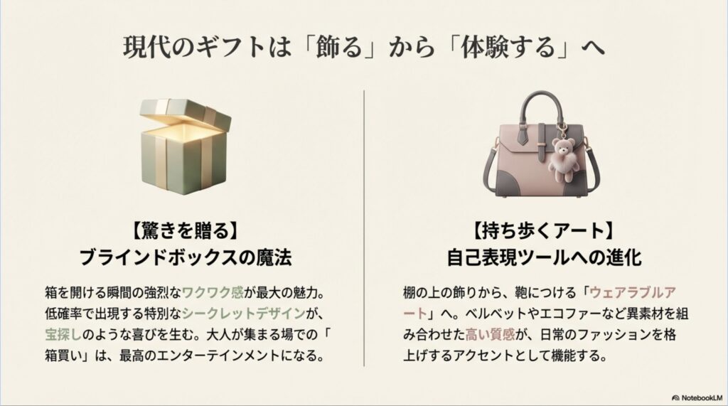 ブラインドボックスの魔法や持ち歩くアートなど、現代のアートトイギフトの進化を解説するスライド