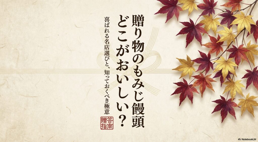 広島土産「もみじ饅頭」の贈り物の選び方と、喜ばれる名店の極意を解説するスライド資料の表紙画像。