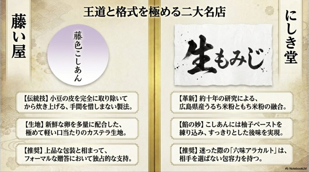 伝統の「藤い屋」と革新の「にしき堂」を比較。藤色こしあんの特徴と、生もみじの開発背景やアラカルトの推奨理由をまとめたスライド。