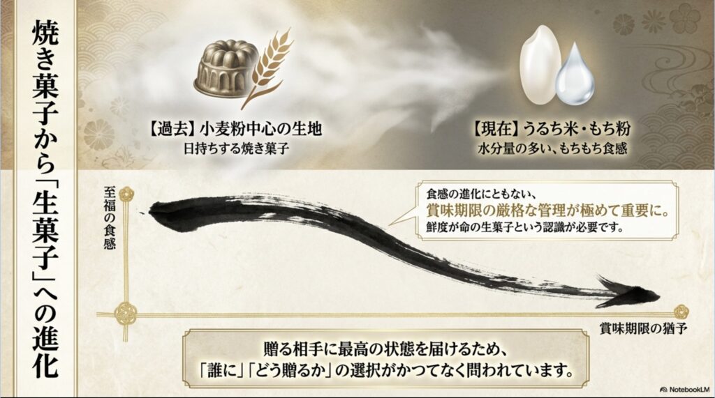 小麦粉主体の焼き菓子から、米粉を使用した生菓子風のもちもち食感へ進化したもみじ饅頭の変遷と、それに伴う賞味期限管理の重要性を説明する図解。