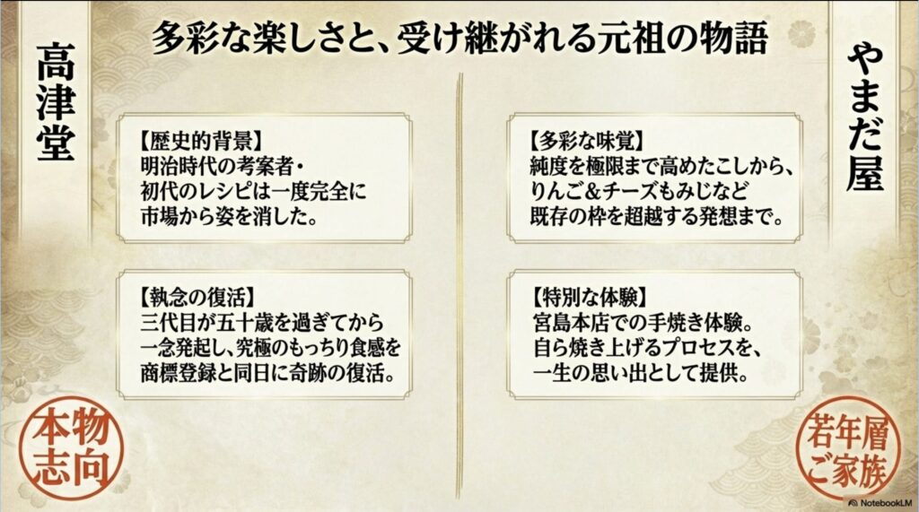 格式重視なら藤い屋、革新ならにしき堂、多彩さならやまだ屋、本物志向なら高津堂といった、贈る相手やシーンに合わせた最適なブランド選びの相関図。