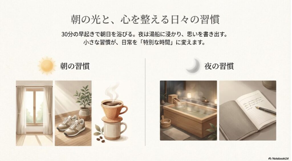 朝の光を浴びる習慣と、夜にお湯に浸かり思いを書き出す習慣によって、日常を特別な時間に変える方法を紹介するスライド。