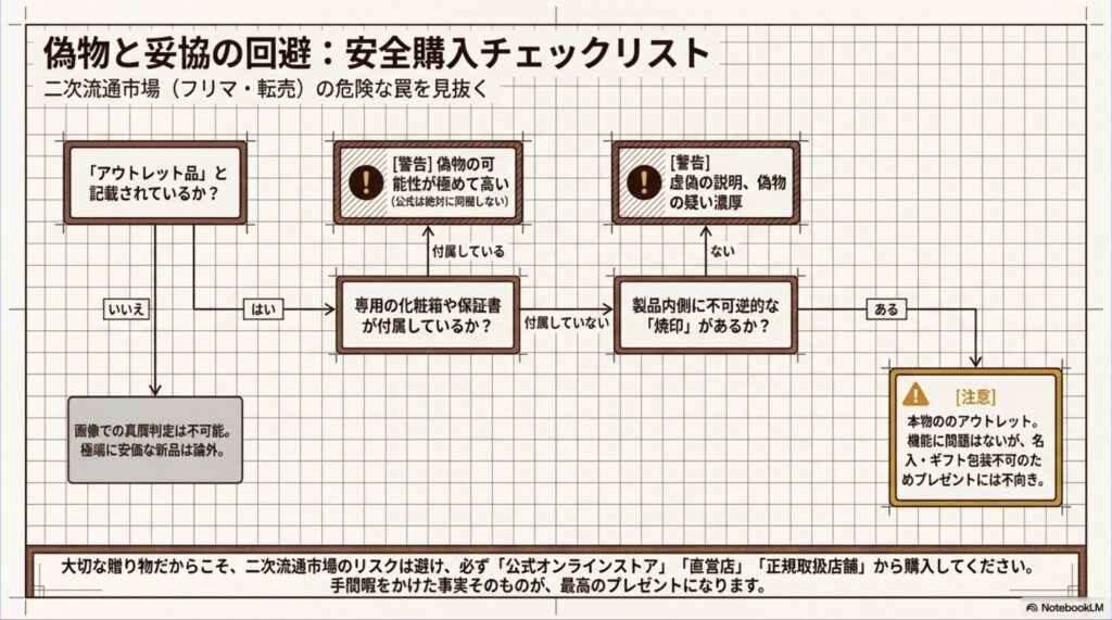 専用化粧箱の有無や製品内側の焼印の有無でアウトレット品と悪質な偽物を見分けるためのフローチャート
