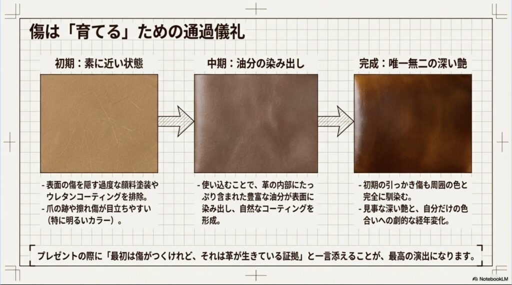 初期は傷が目立ちやすいエムピウの革が、使い込むことで油分が染み出し深い艶へと変化していくエイジングの過程