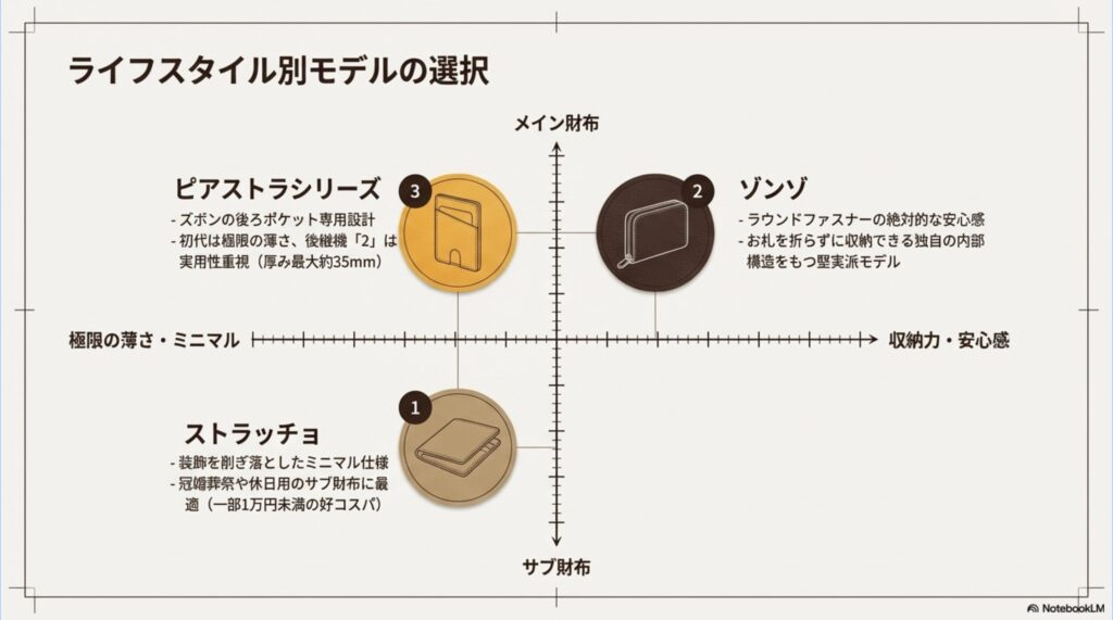 極薄のピアストラ、堅実なゾンゾ、ミニマルなストラッチョなど、ライフスタイルに合わせたエムピウ各モデルの特徴