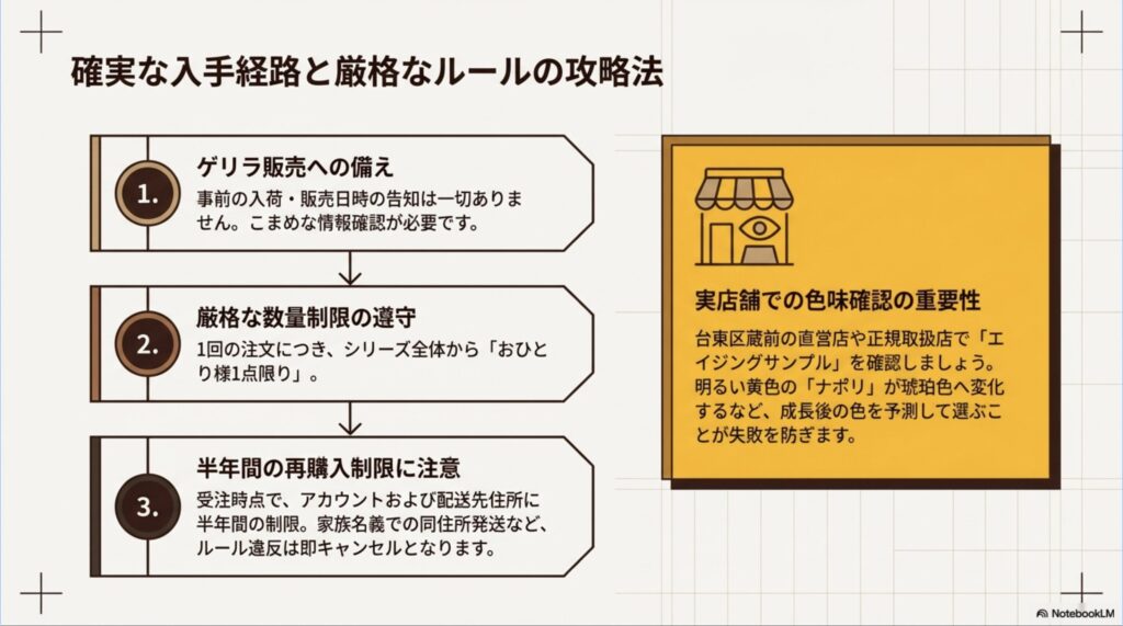 ゲリラ販売への備えや数量制限、半年間の再購入制限といったエムピウ公式の厳格な販売ルールと実店舗でのエイジング確認の重要性
