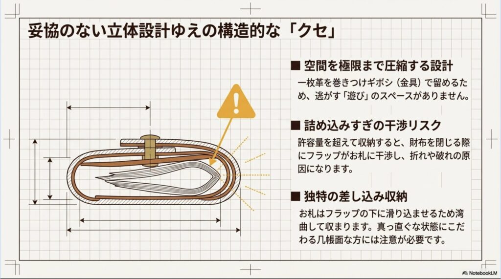 空間を極限まで圧縮する設計ゆえのお札の干渉リスクや独特の差し込み収納など、エムピウ特有の構造的なクセの解説