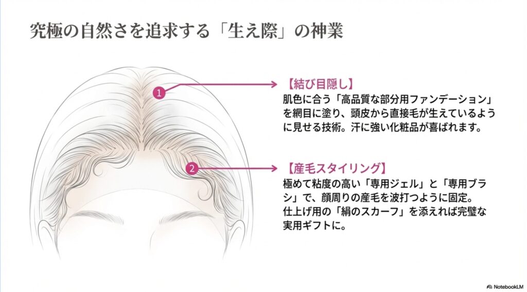 ウイッグの結び目を隠すために高品質な部分用ファンデーションを使用するテクニックを解説したスライド画像 。