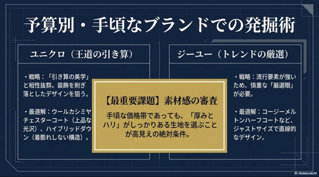 Iライン、セットインスリーブ、ジャストサイズ、ハリのある素材の4項目をまとめたチェックリスト。