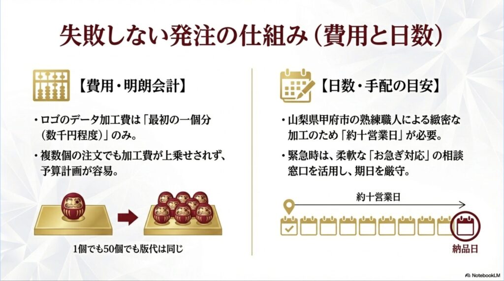 最初の1個分のみかかるロゴのデータ加工費や、山梨県甲府市の熟練職人による約10営業日の納期など、発注時の費用と日数の目安