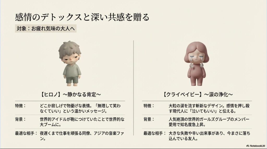 世界的アイドル愛用で知名度が急上昇したアートトイと、夜遅くまで頑張る同僚などに最適な理由を解説するスライド