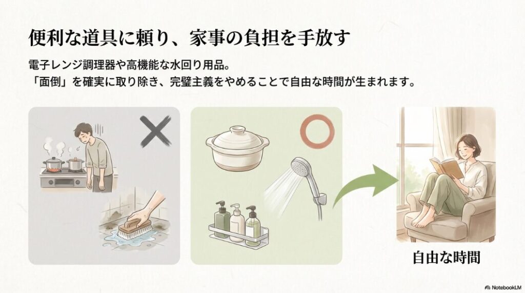 電子レンジ調理器などの便利な道具を使い、完璧主義をやめることで、自由な時間を生み出す考え方を示したスライド。