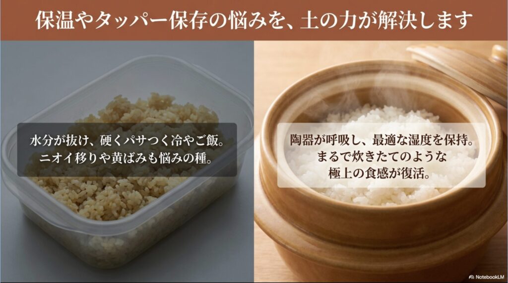 パサつく冷やご飯やニオイ移り、黄ばみといった保存の悩みを、陶器の調湿効果が解決し、炊きたての食感を復活させる仕組みを説明するスライド。