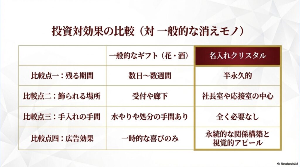 一般的なギフトである花や酒と、名入れクリスタルの残る期間や飾られる場所、手入れの手間、広告効果などを比較した表