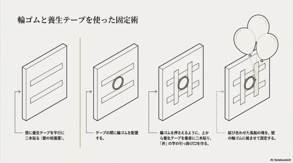 養生テープと輪ゴムを組み合わせて壁にフックを作り、風船を安全に固定する手順の図解