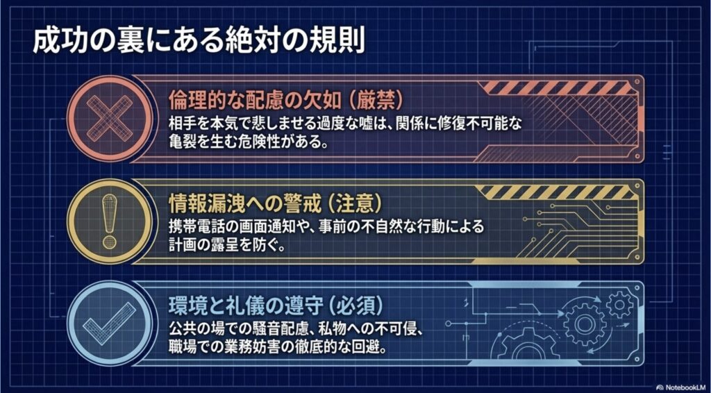 サプライズを成功させるために厳守すべき規則（倫理的な配慮の欠如の回避、情報漏洩への警戒、環境と礼儀の遵守）を解説したスライド。