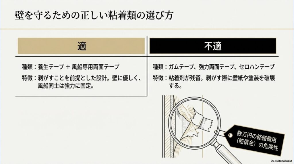 養生テープと風船専用両面テープの適切な組み合わせと、壁を傷つける危険なテープの種類