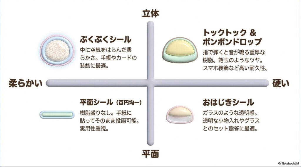 ぷくぷくシール、平面、TOKTOK、おはじきシールの硬さと形状の違いをまとめた比較図