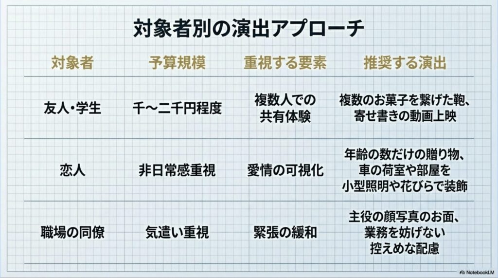 友人・学生、恋人、職場の同僚といった対象者別に、予算規模や重視する要素、推奨する演出をまとめた一覧表のスライド。