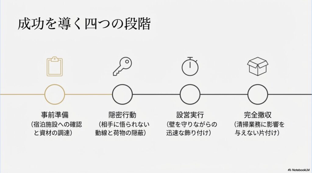 事前準備、隠密行動、設営実行、完全撤収からなるサプライズ成功を導く4つの段階