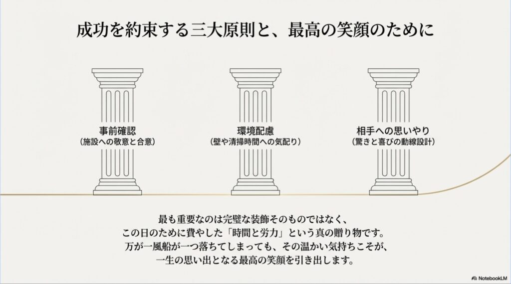 事前確認、環境配慮、相手への思いやりというサプライズ成功を約束する三大原則とメッセージ