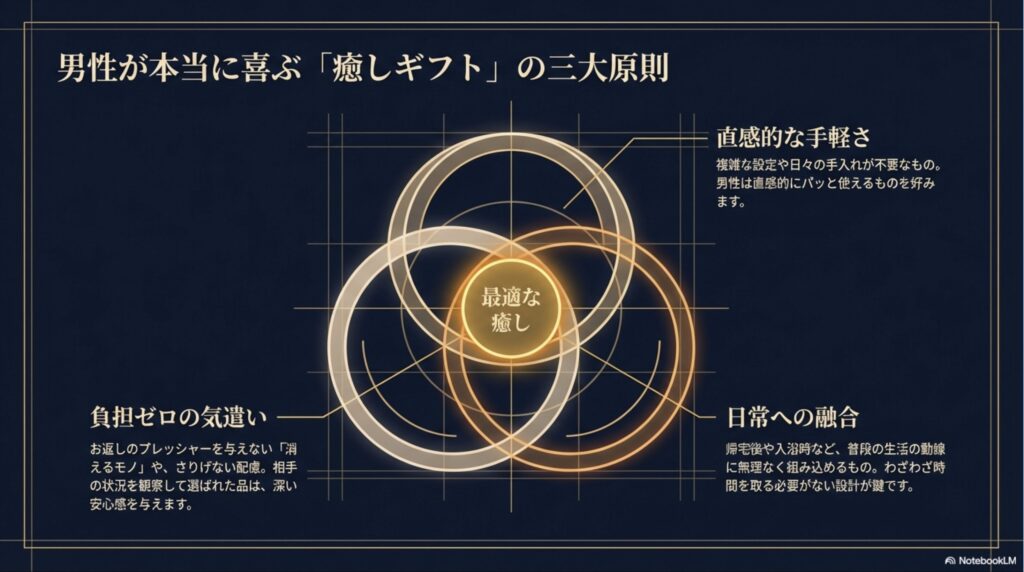 男性向けギフトの3大ポイント（直感的な手軽さ、負担ゼロの気遣い、日常への融合）を解説した図解スライド。