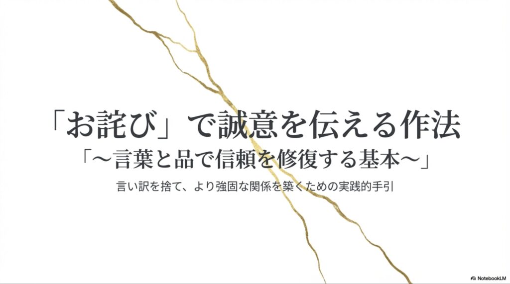 「お詫び」で誠意を伝える作法〜言葉と品で信頼を修復する基本〜というタイトルと、言い訳を捨て関係を築くための手引であることを示した表紙スライド。