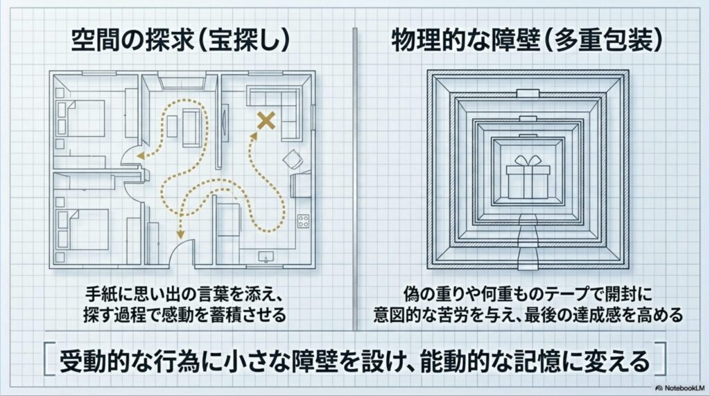 宝探しや多重包装といった受動的な行為に小さな障壁を設け、能動的な体験や達成感に変える工夫を解説したスライド。