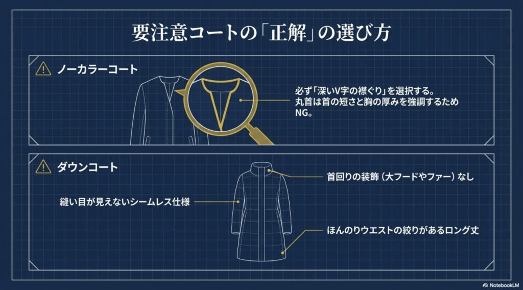 首元の詰まった丸襟と、スッキリ見える深いVネックのノーカラーコートの比較イラスト。