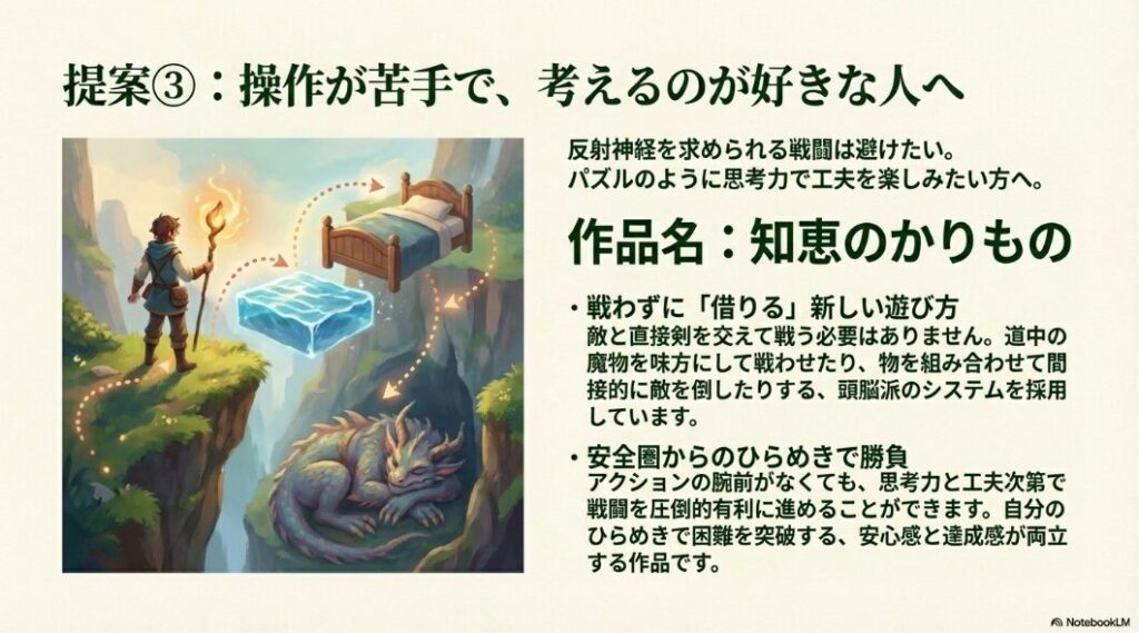 操作が苦手で考えるのが好きな人への提案。戦わずに「借りる」新しい遊び方ができる「知恵のかりもの」