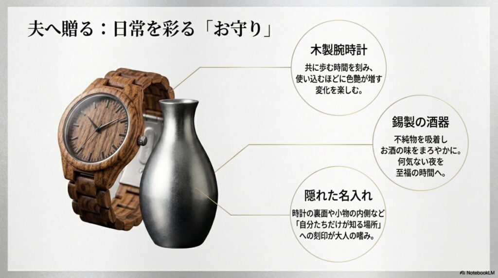 共に時間を刻む木製腕時計や、お酒をまろやかにする錫製の酒器など、夫へのギフト例を紹介。