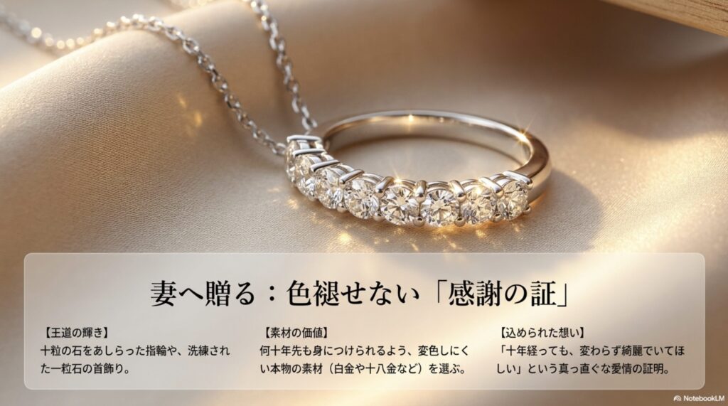 10粒の石をあしらった指輪やプラチナ・18金素材のネックレスなど、妻への愛情を証明するジュエリーの選び方。