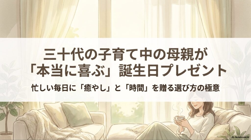 「30代の子育て中の母親が本当に喜ぶ誕生日プレゼント、忙しい毎日に癒やしと時間を贈る選び方の極意」と書かれたスライドの表紙画像。