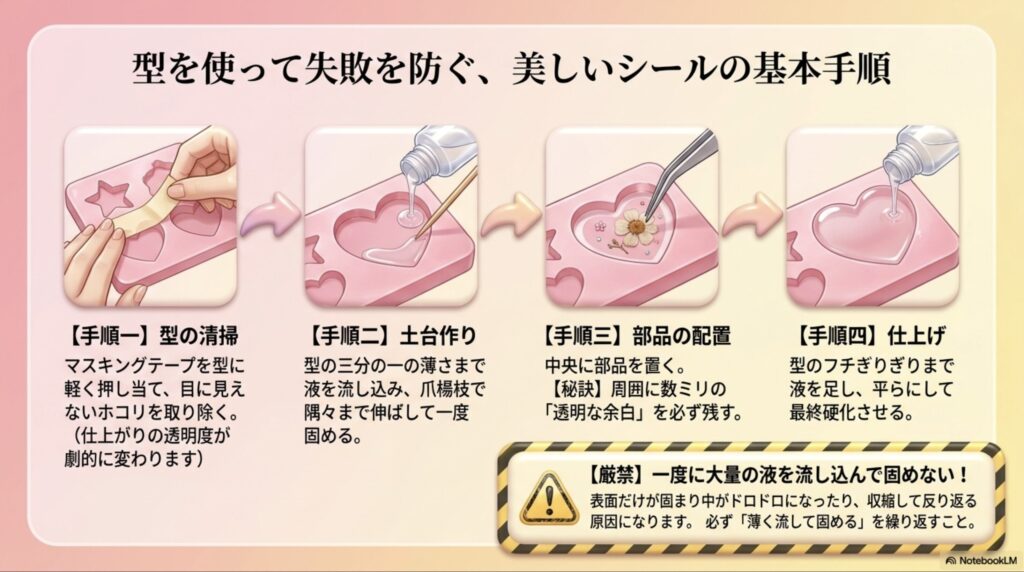 型の清掃、土台作り、部品の配置、仕上げという4つの基本工程と、「透明な余白を残す」「一度に大量の液を流さない」という失敗を防ぐ秘訣が解説されたスライド。