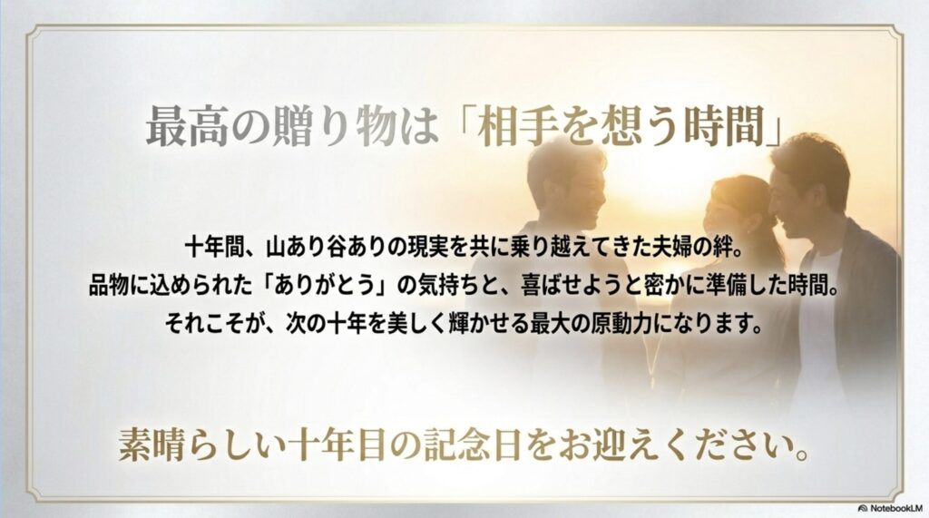 品物に込めた感謝と準備した時間こそが、次の10年を輝かせる原動力になるという結びのメッセージ。