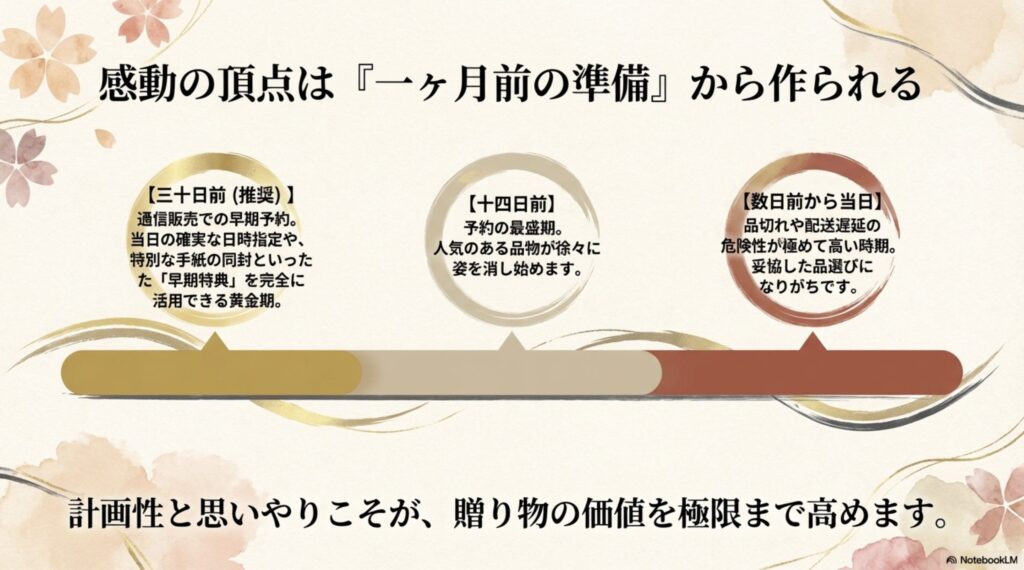 プレゼントの準備は30日前が推奨され、早期予約の活用といった計画性と思いやりが贈り物の価値を高めることを解説したスライド 。
