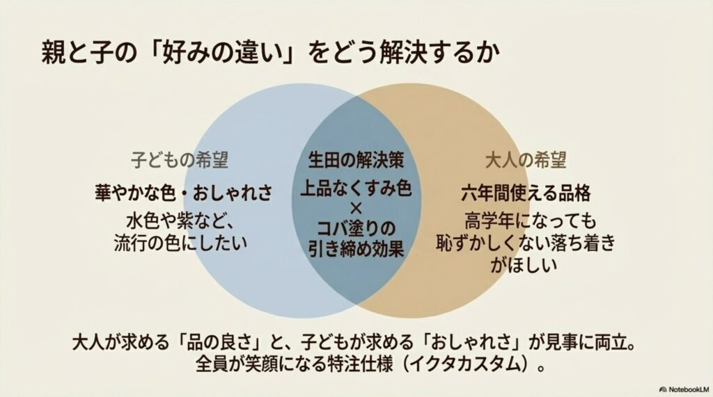 土屋鞄、黒川鞄、生田のランドセルの強みと懸念点の比較。生田の強みは細部まで選べる特別感と美しいコバ塗り、販売日程のゆとり。