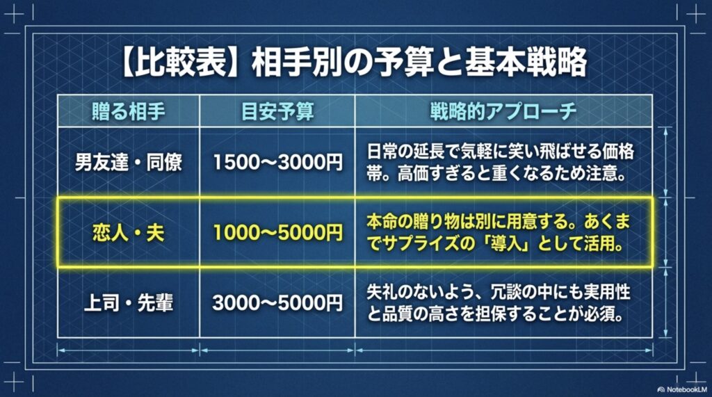 同僚、男友達・恋人・夫、上司・先輩別の誕生日プレゼント目安予算と戦略表
