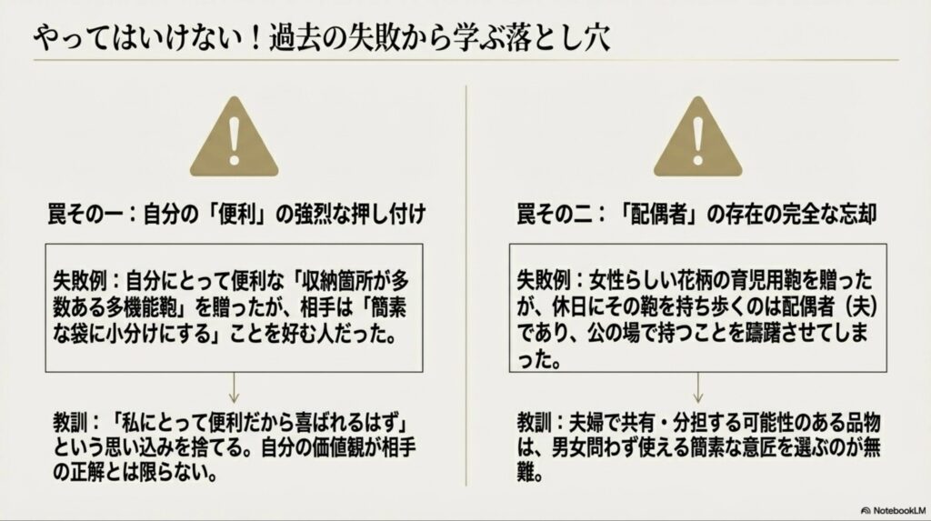 過去の失敗から学ぶ落とし穴。自分の便利の強烈な押し付けや、配偶者の存在の完全な忘却に注意する