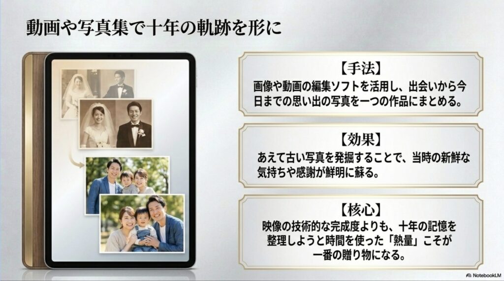 編集ソフトを活用して思い出を作品にする手法と、技術よりも「時間を使った熱量」が大切であるという核心の解説。