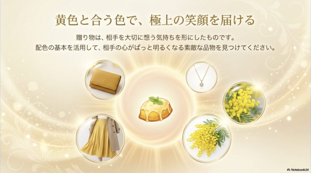 配色の基本を活用して相手の心が明るくなる素敵な品物を見つけ、極上の笑顔を届けるというメッセージのまとめ