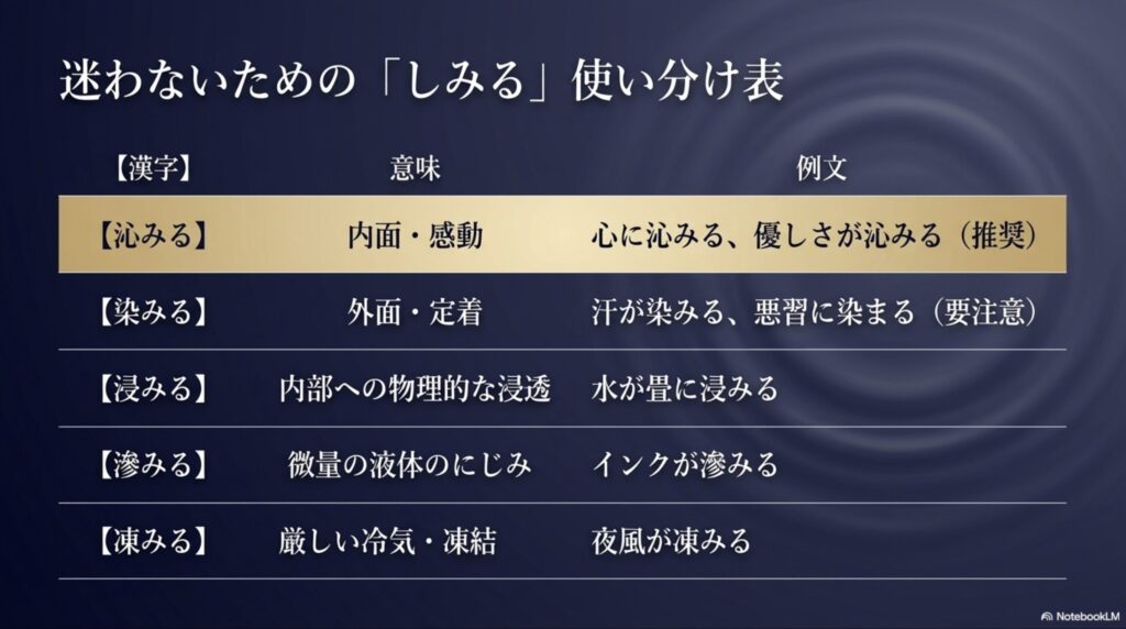 沁みる、染みる、浸みる、滲みる、凍みるの5つの漢字の意味と例文をまとめた使い分け表