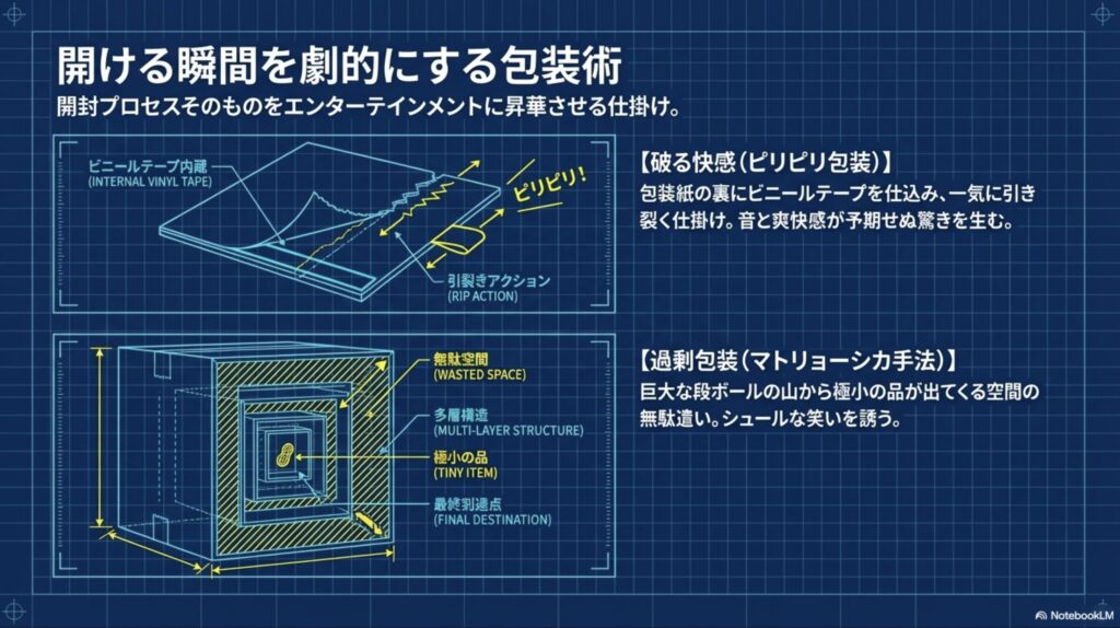 ビニールテープを使ったピリピリ包装や、巨大な段ボールを使った過剰包装の手法