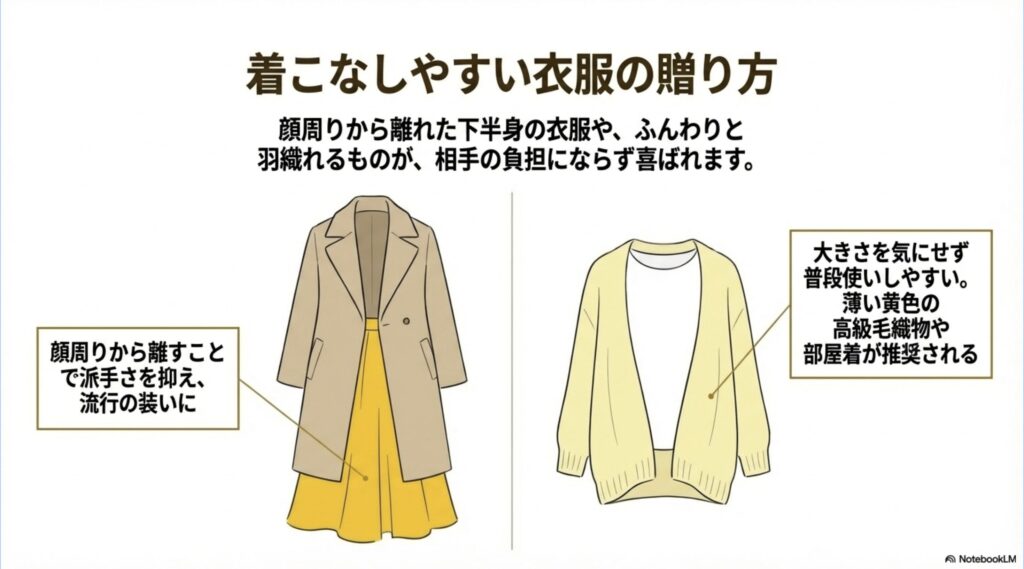 顔周りから離れた下半身の衣服や、ふんわり羽織れる部屋着など、相手の負担にならず着こなしやすい衣服の贈り方